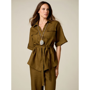 Oltre - Camicia in lino con cintura e taschini - Verde militare