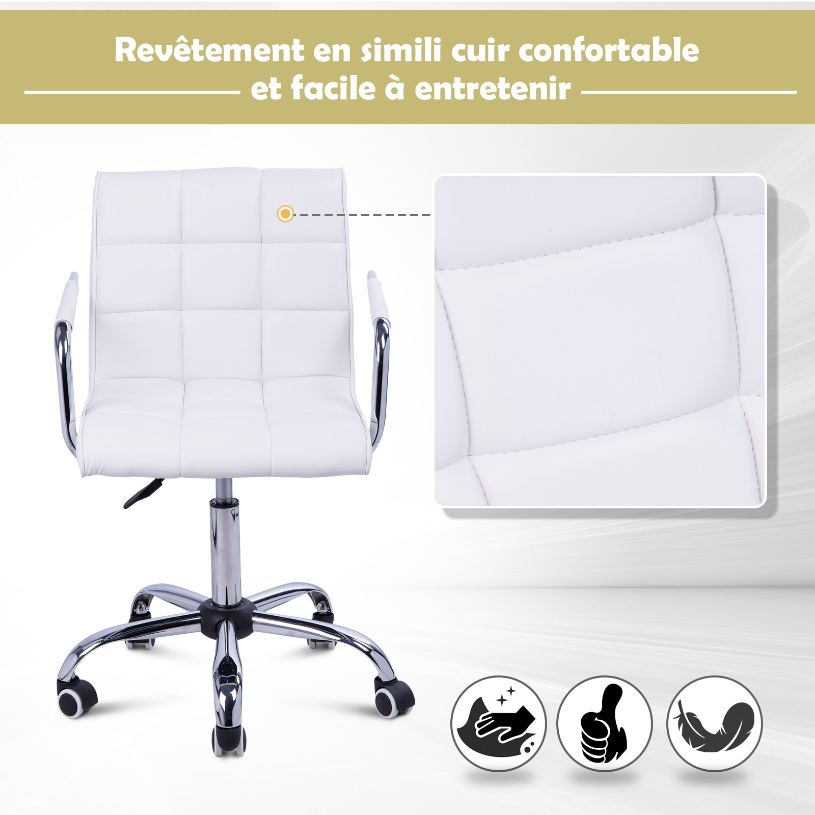 Chaise de bureau fauteuil manager pivotant hauteur réglable revêtement synthétique capitonné blanc