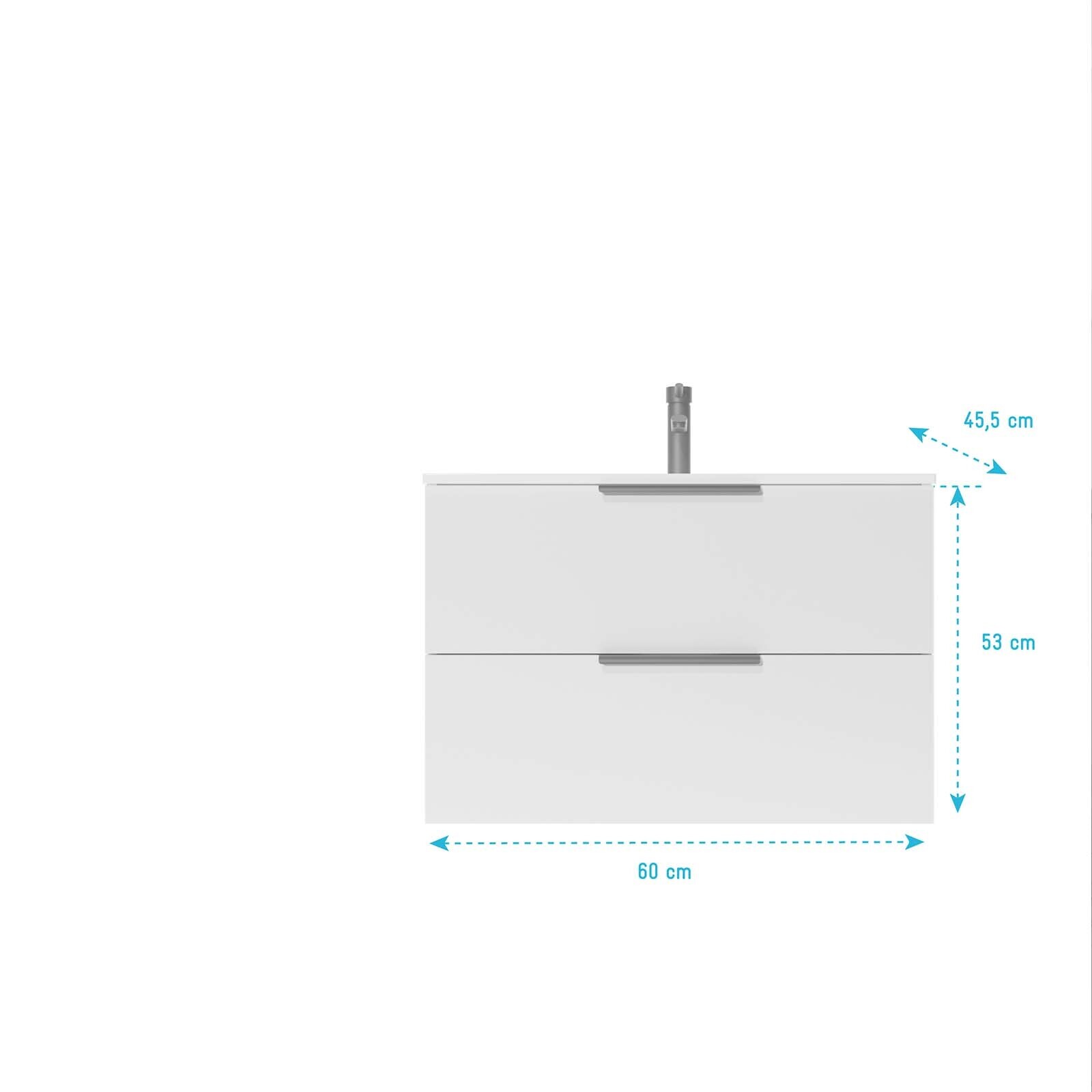Meuble de Salle de Bains 60cm Suspendu Blanc 2 Tiroirs - Vasque Blanche - ELEMENTARY