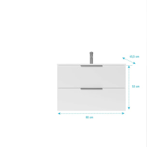 Meuble de Salle de Bains 60cm Suspendu Blanc 2 Tiroirs - Vasque Blanche - ELEMENTARY