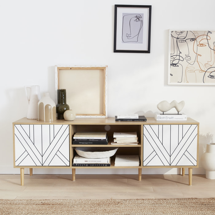 Meuble TV décor bois & blanc - Mika - 2 niveaux. 3 étagères. 2 portes. L 160 x l 40 x H 56cm