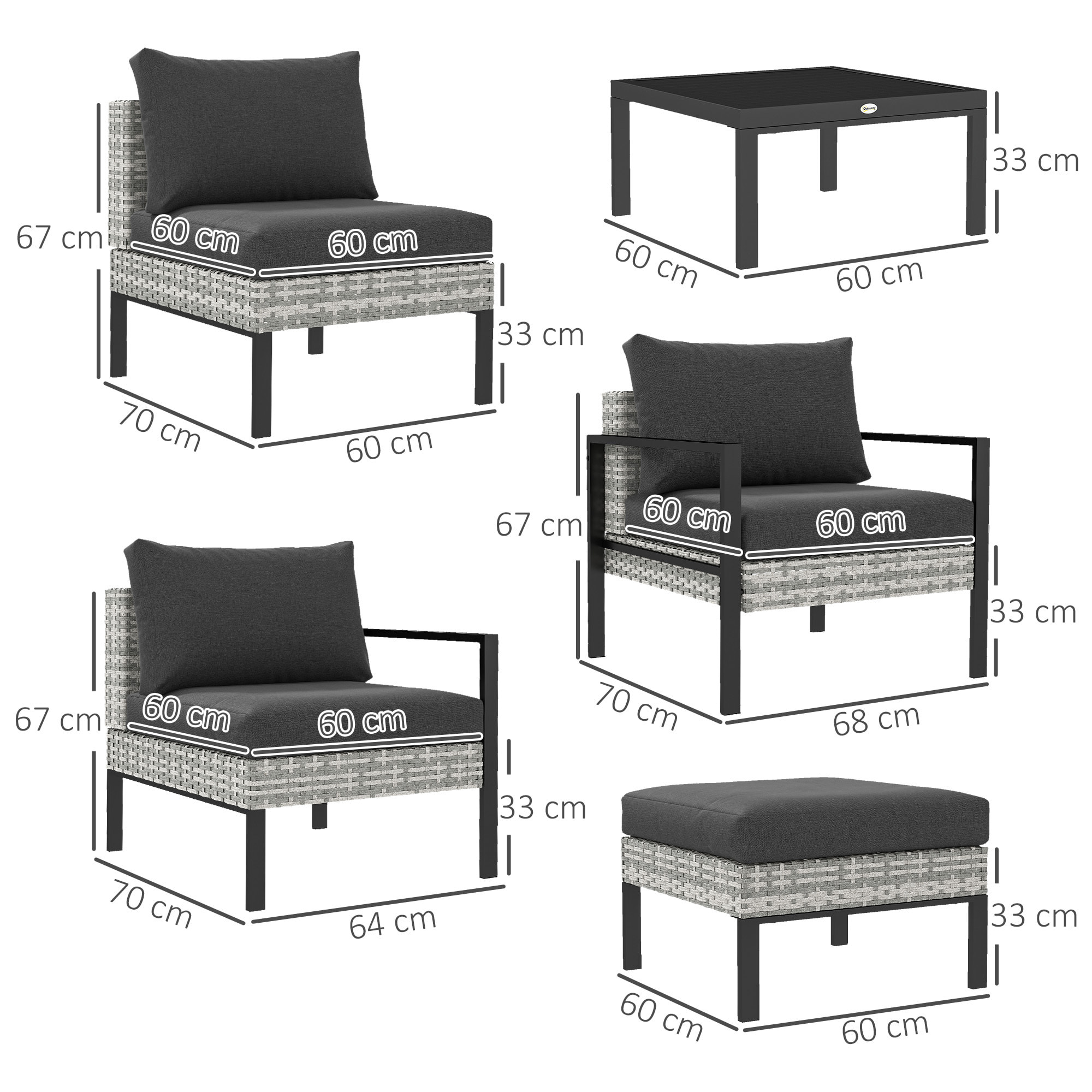 Ensemble salon de jardin 5 places 4 pièces coussins anthracite métal époxy noir résine tressée 2 fils gris