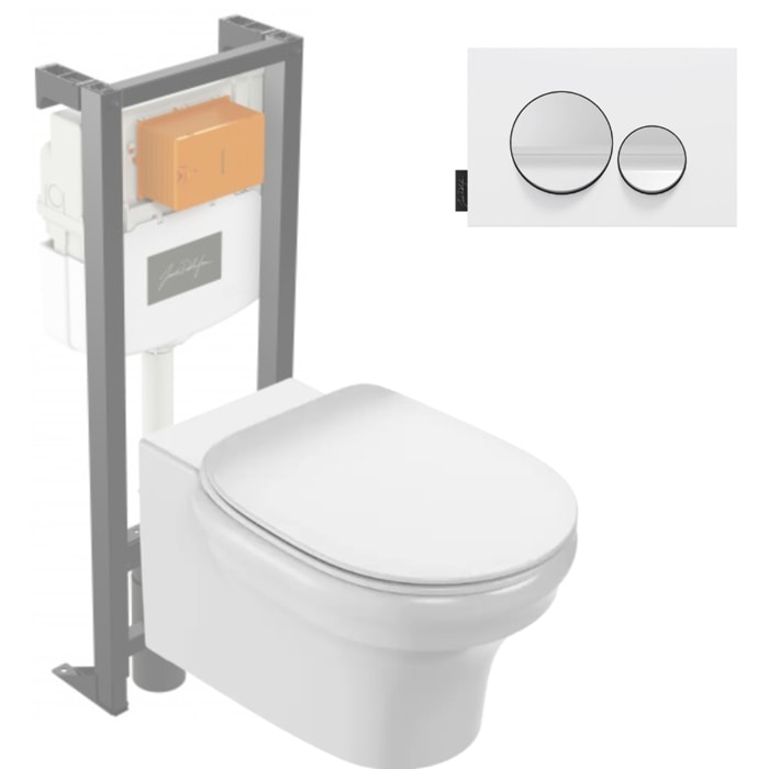 Pack WC suspendu sans bride à économie d'eau Cléo 1889 +  abattant + bâti-support + plaque ronde blanche