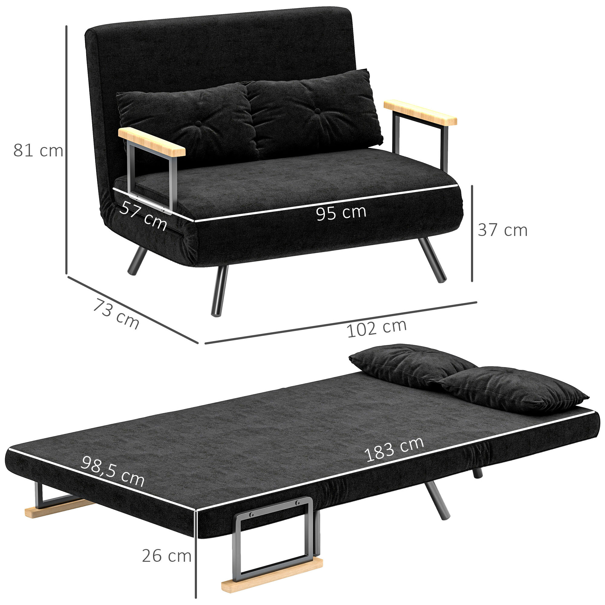 Sofá Cama de 2 Plazas 4 en 1, Sofá Cama Plegable Tapizado en Terciopelo con Respaldo Ajustable de 5 Niveles y Almohadas Acolchadas, para Oficina, Dormitorio, Salón, 102x73x81 cm, Negro