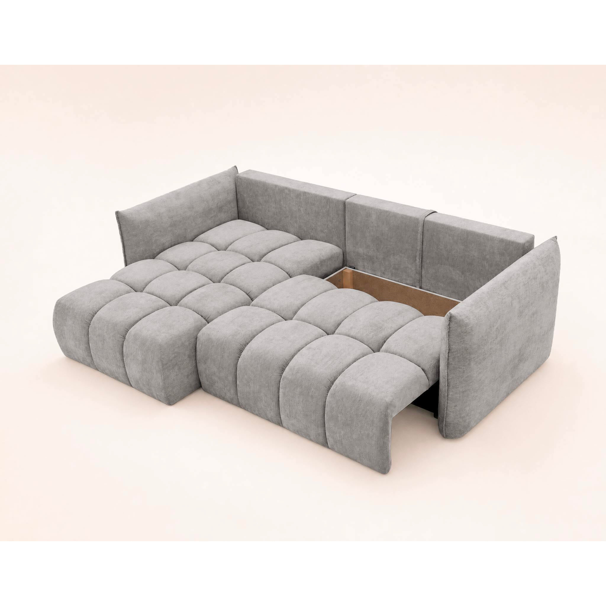 Ambroise - Canapé d'angle gauche 4 places convertible avec coffre en velours texturé - Gris clair
