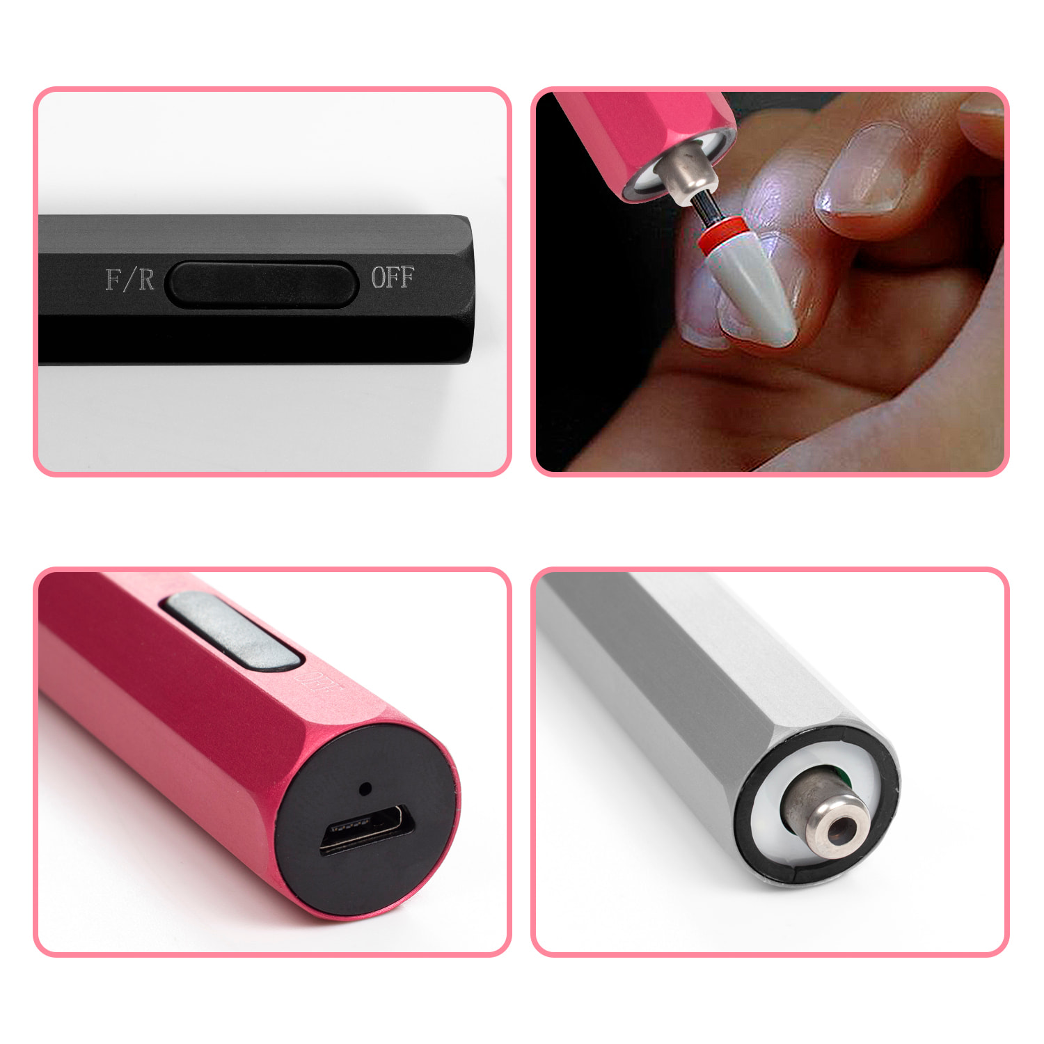 Mini lucidatrice per unghie. Corpo metallico, luce LED, selettore della direzione di rotazione. Batteria ricaricabile.