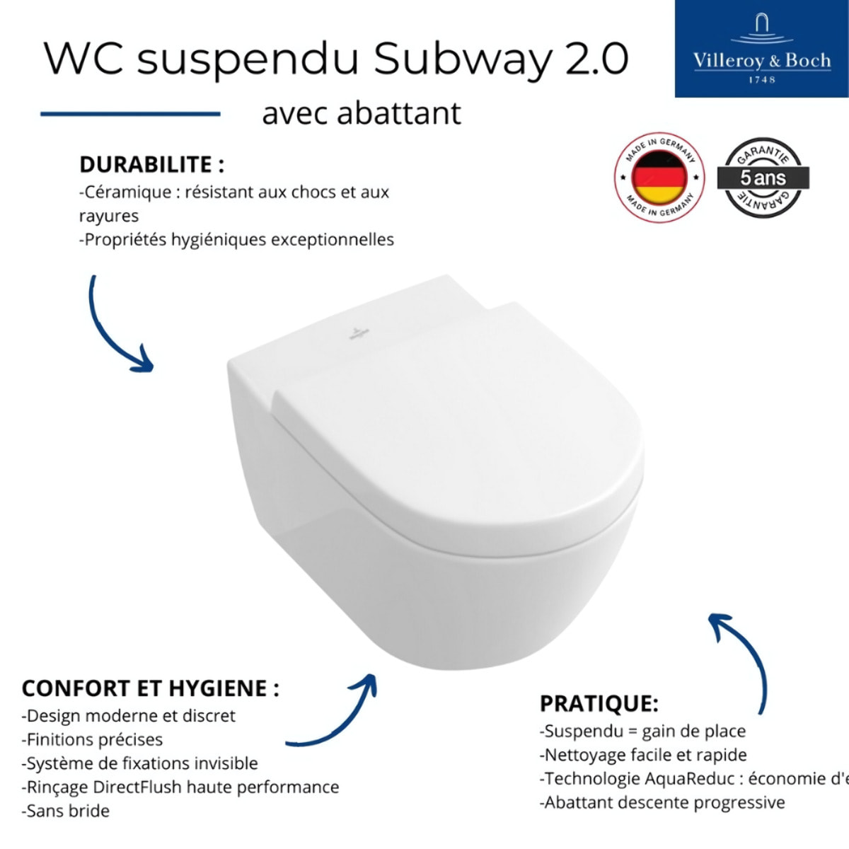 WC suspendu sans bride Subway 2.0 blanc alpin avec abattant