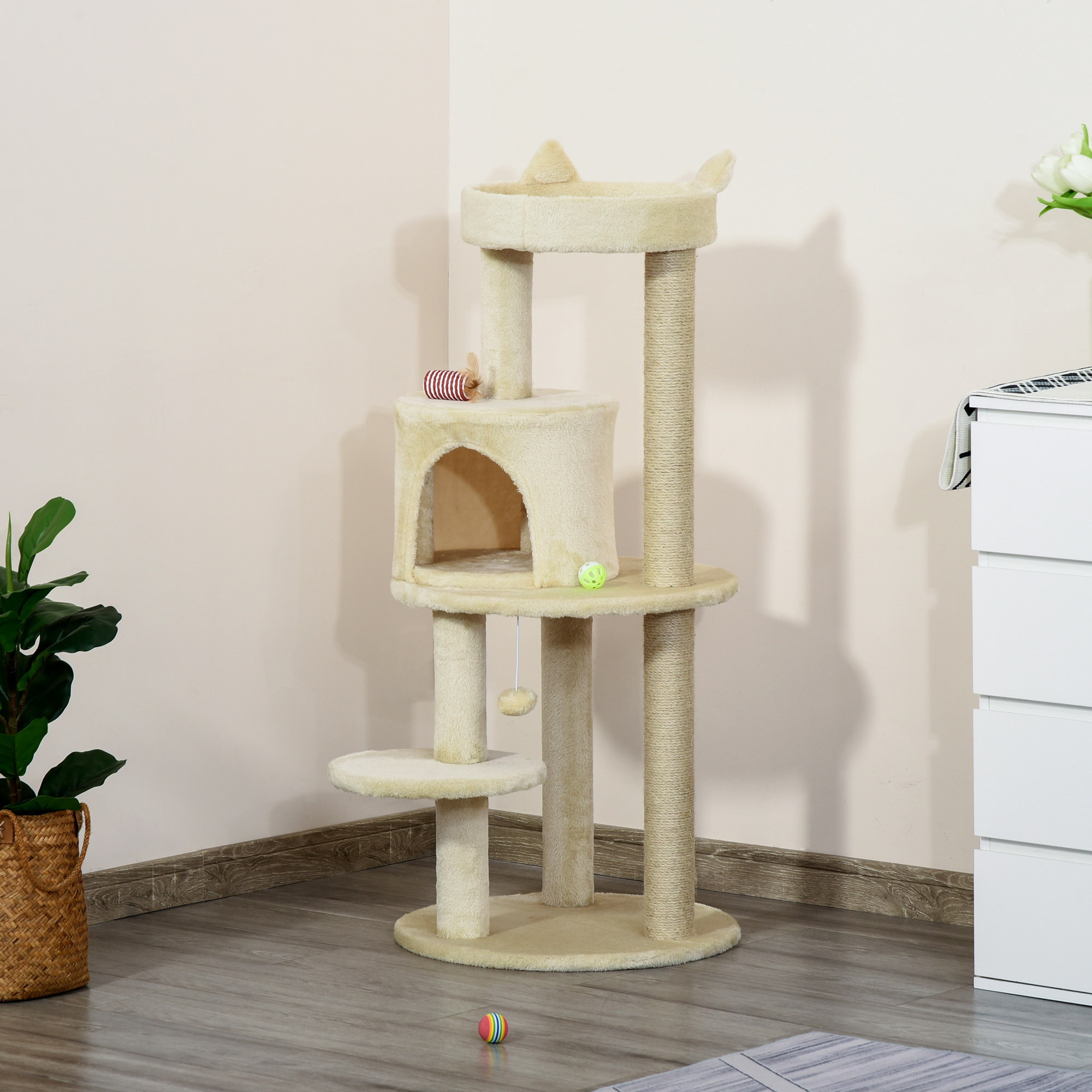 Arbre à chats multi-équipements griffoirs grattoirs plateformes niche jeu boule suspendue Ø 48 x 104H cm beige