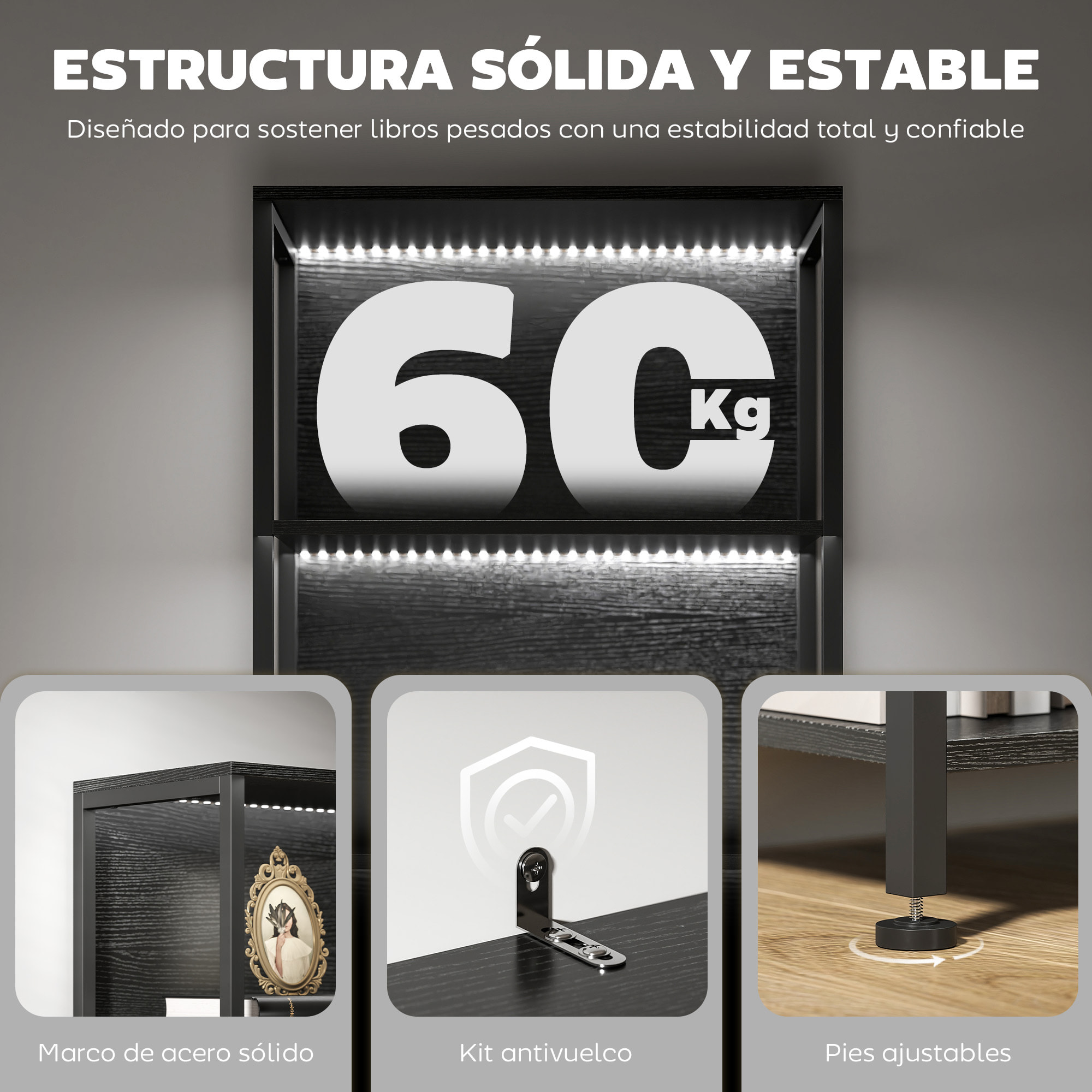 Librería de 5 Niveles con Luces LED de 7 Colores, Estantería para Libros, 60x30x179 cm, Estantería Industrial con Marco de Acero, para Salón, Dormitorio, Estudio, Oficina, Negro