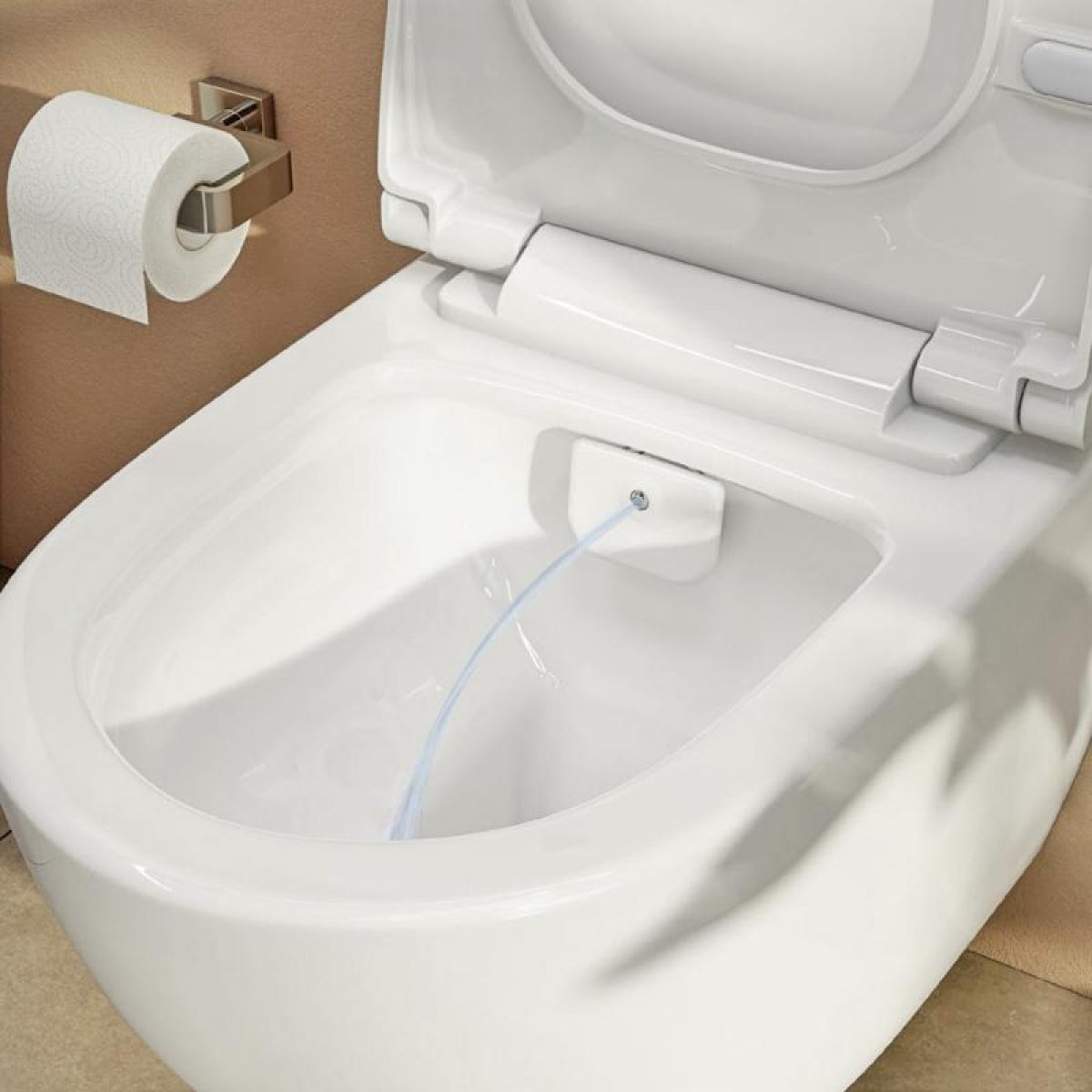 Pack WC bâti-autoportant + WC sans bride Infinitio avec bidet thermostatique + plaque en acier inoxydable, en PVD, Gun Metal