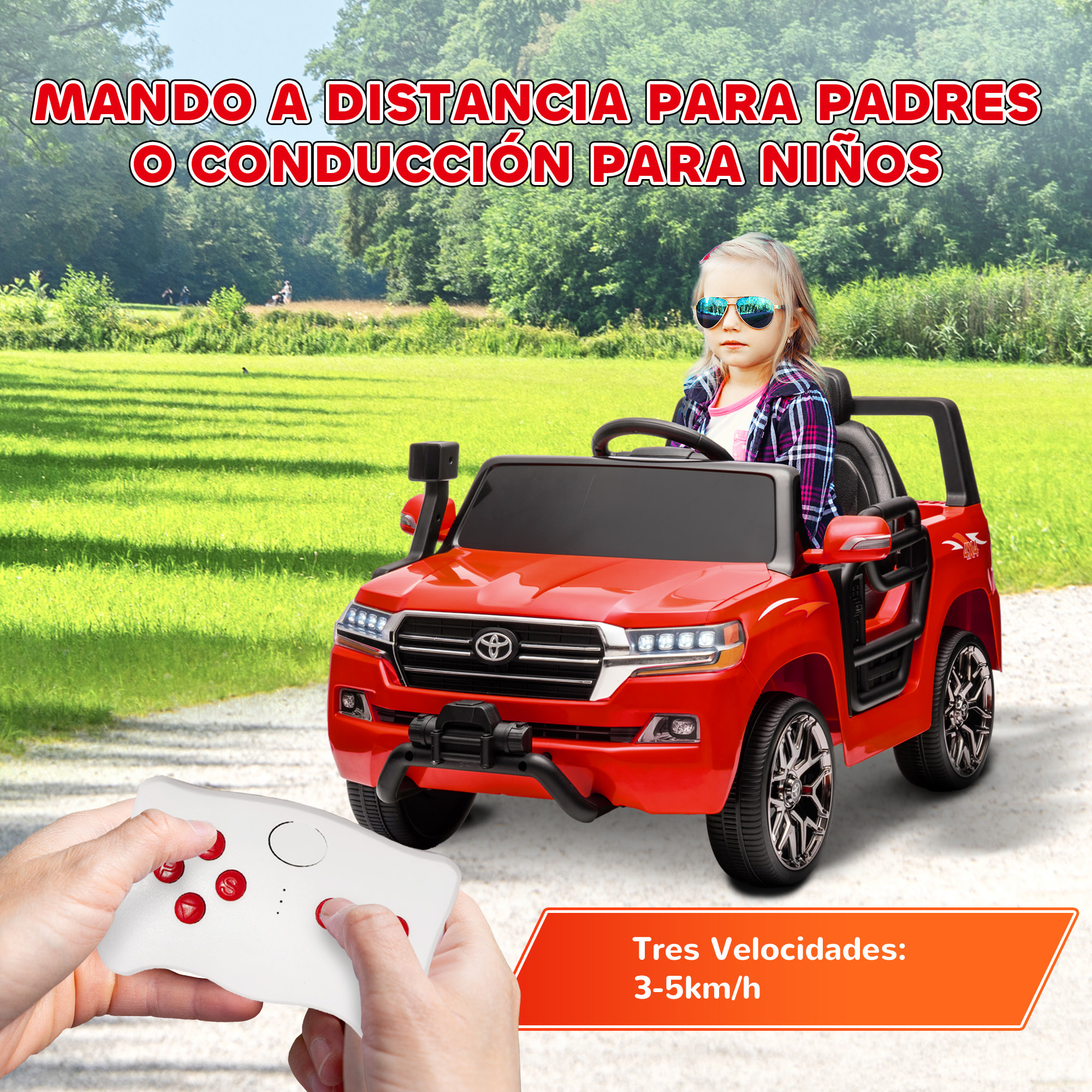 Coche Eléctrico para Niños de +3 Años Toyota LAND CRUISER Coche Eléctrico con Batería 12V Mando a Distancia Faros Bocina Arranque Suave y Música MP3 Rojo