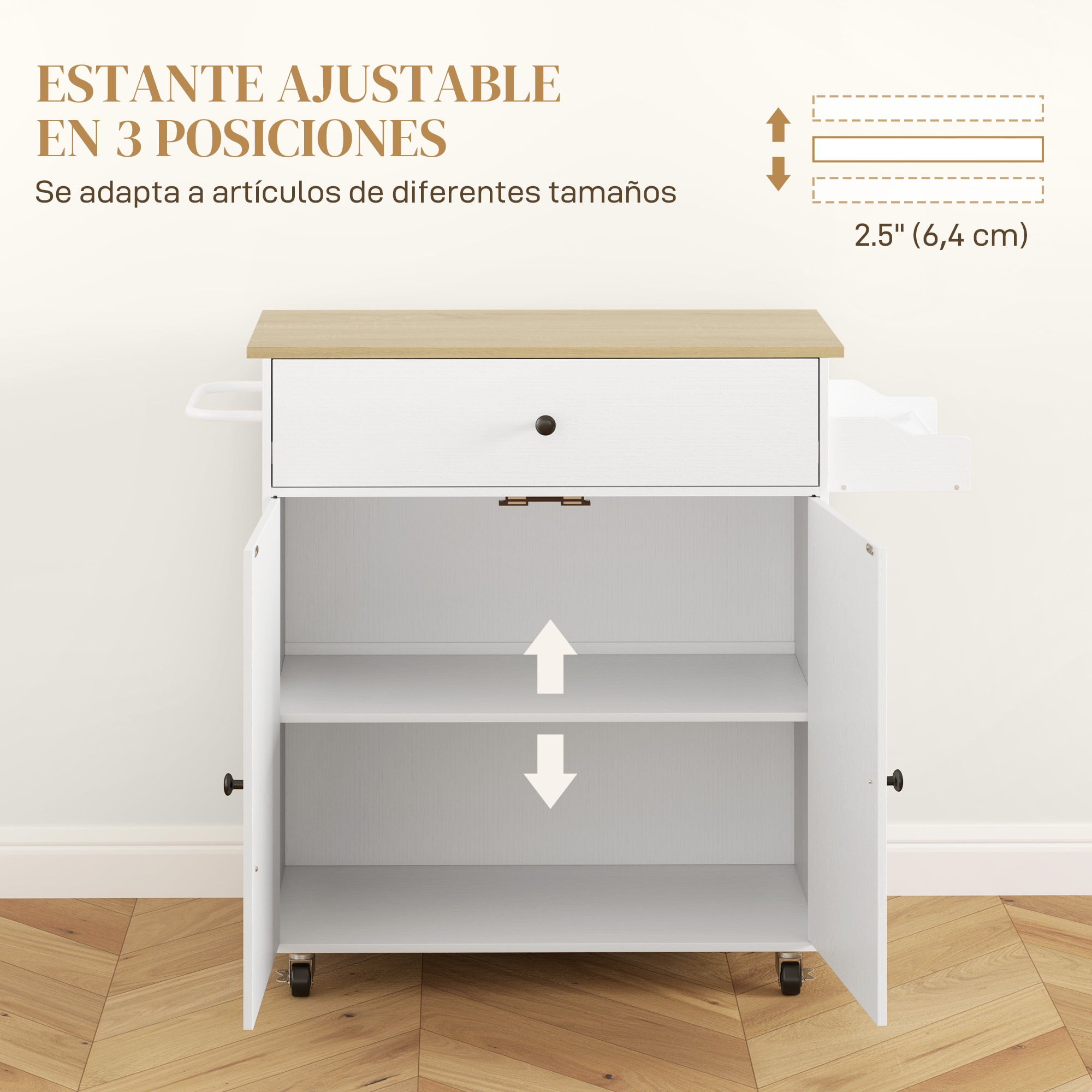 Isla de Cocina con Ala Abatible Carrito de Cocina Mueble Auxiliar de Cocina con Ruedas 2 Puertas Cajón Especiero Toallero y Estante Ajustable 106x42x87 cm Blanco y Roble