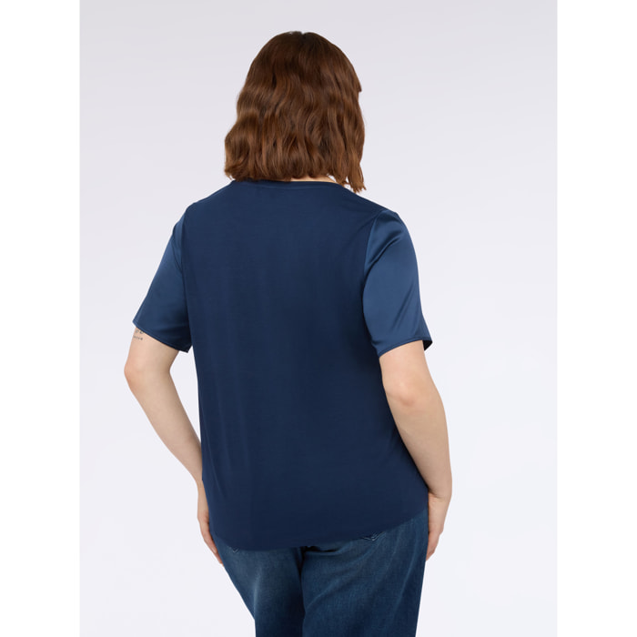 Fiorella Rubino - Camiseta bimaterial con drapeado y strass - Azul