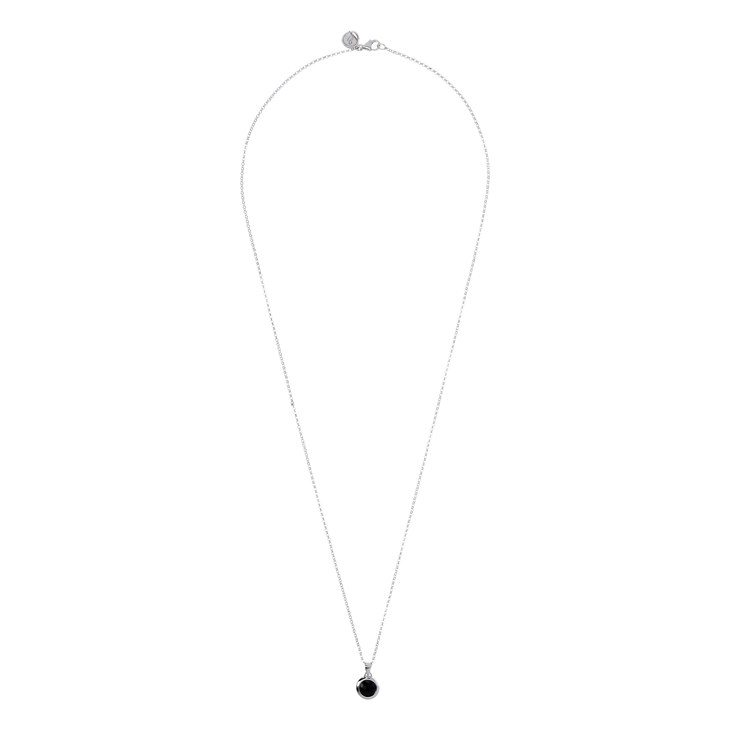 Collana Lunga Catena Rolo White con Pendente Tondo in Onice Nero Sfaccettato