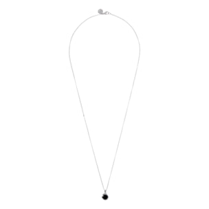 Collana Lunga Catena Rolo White con Pendente Tondo in Onice Nero Sfaccettato