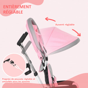 Tricycle enfant évolutif pare-soleil pliable canne télescopique amovible acier rose