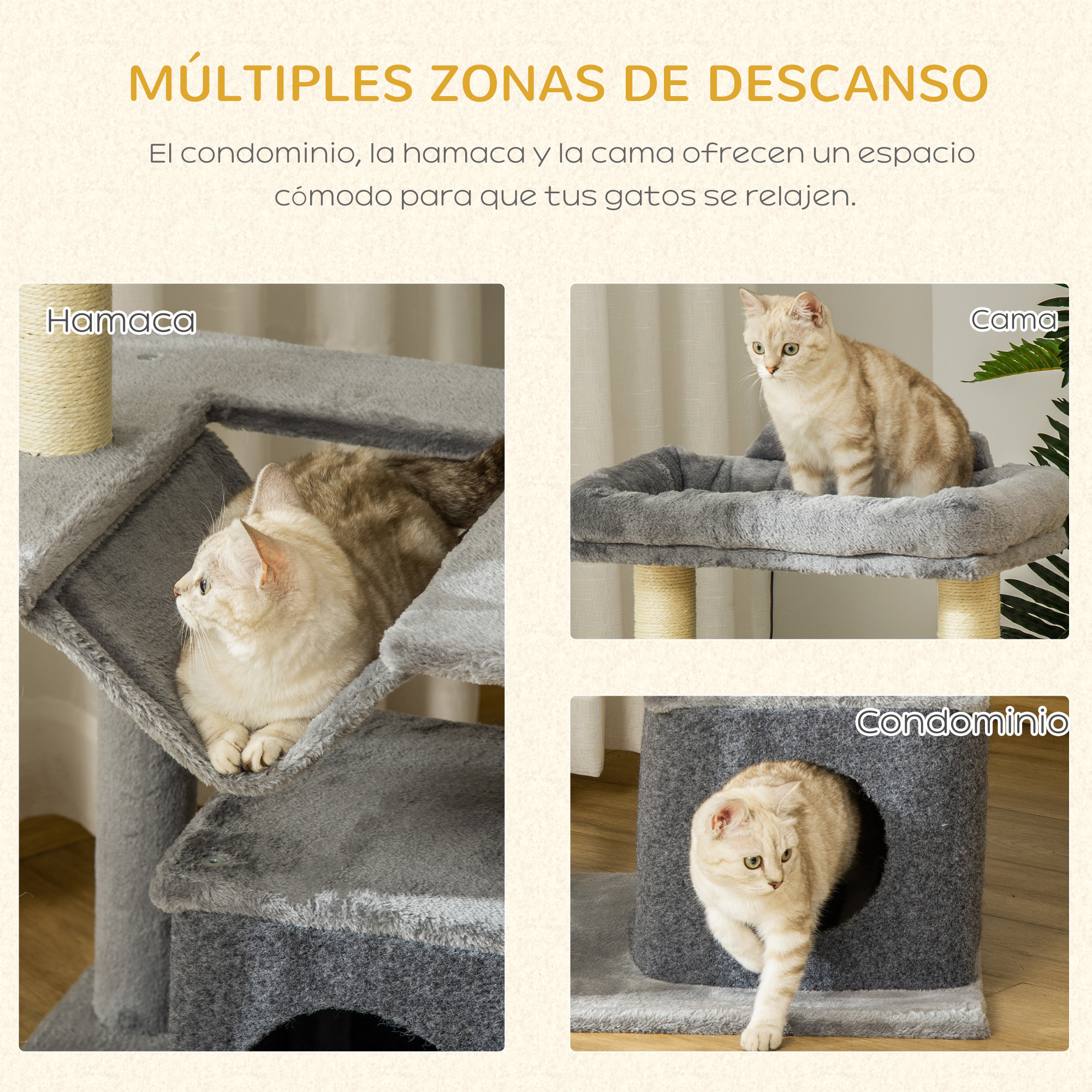 Árbol Rascador para Gatos Altura 90 cm Árbol para Gatos Torre para Gatos de 3 Niveles con Nido Hamaca Plataforma Bolas Colgantes y Poste de Sisal 48x48x90 cm Gris