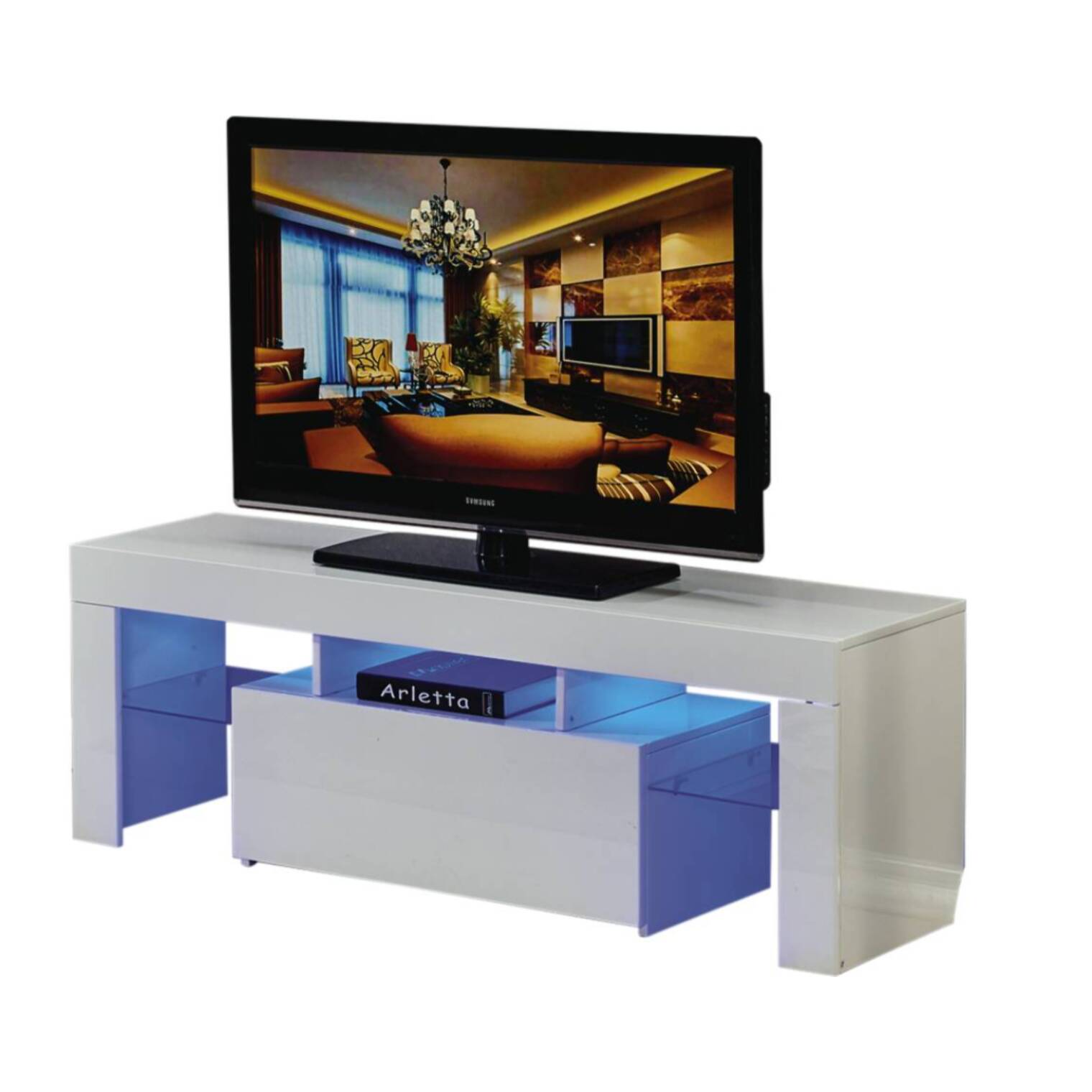 Meuble TV LED "Borda" - 130 x 34 x 45 cm - Blanc laqué