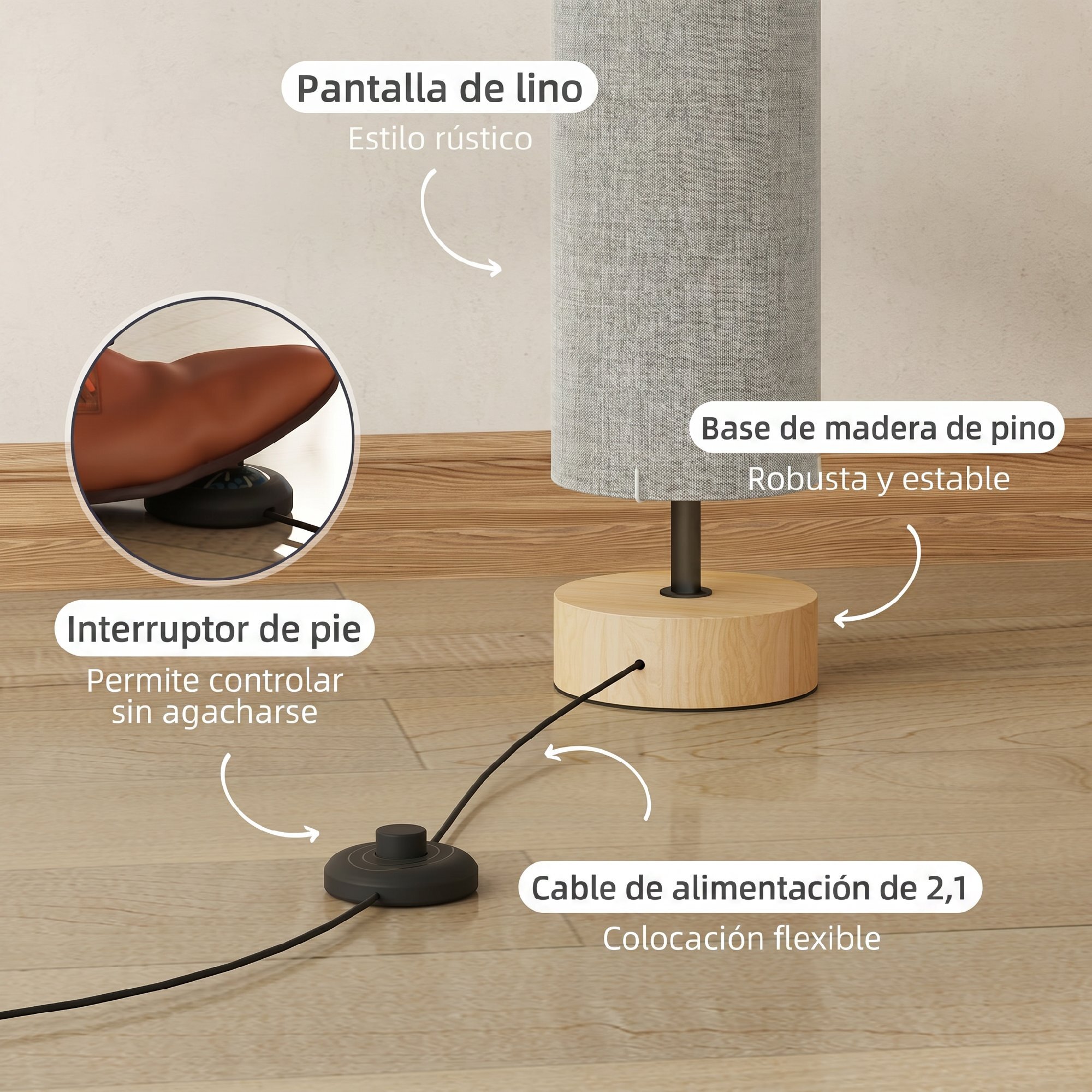 Lámpara de Pie Moderna Lámpara de Salón con Casquillo Máx. 40 W E27 Pantalla de Lino y Marco de Metal para Dormitorio Ø15x120 cm Gris