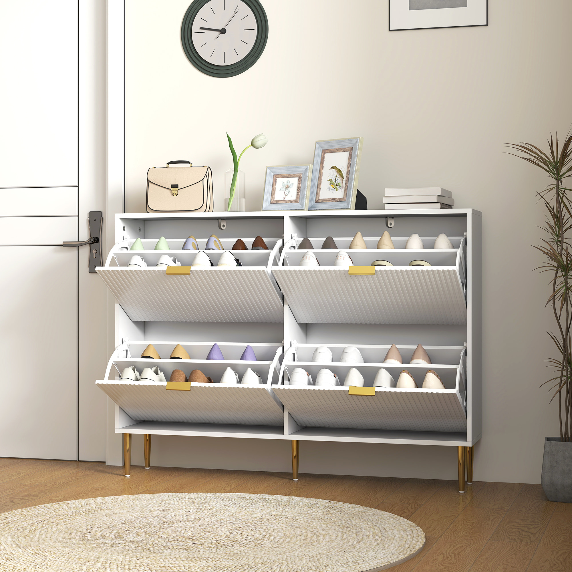Meuble à chaussures style Art déco 4 portes piètement poignées métal doré 105 x 24 x 91 cm blanc