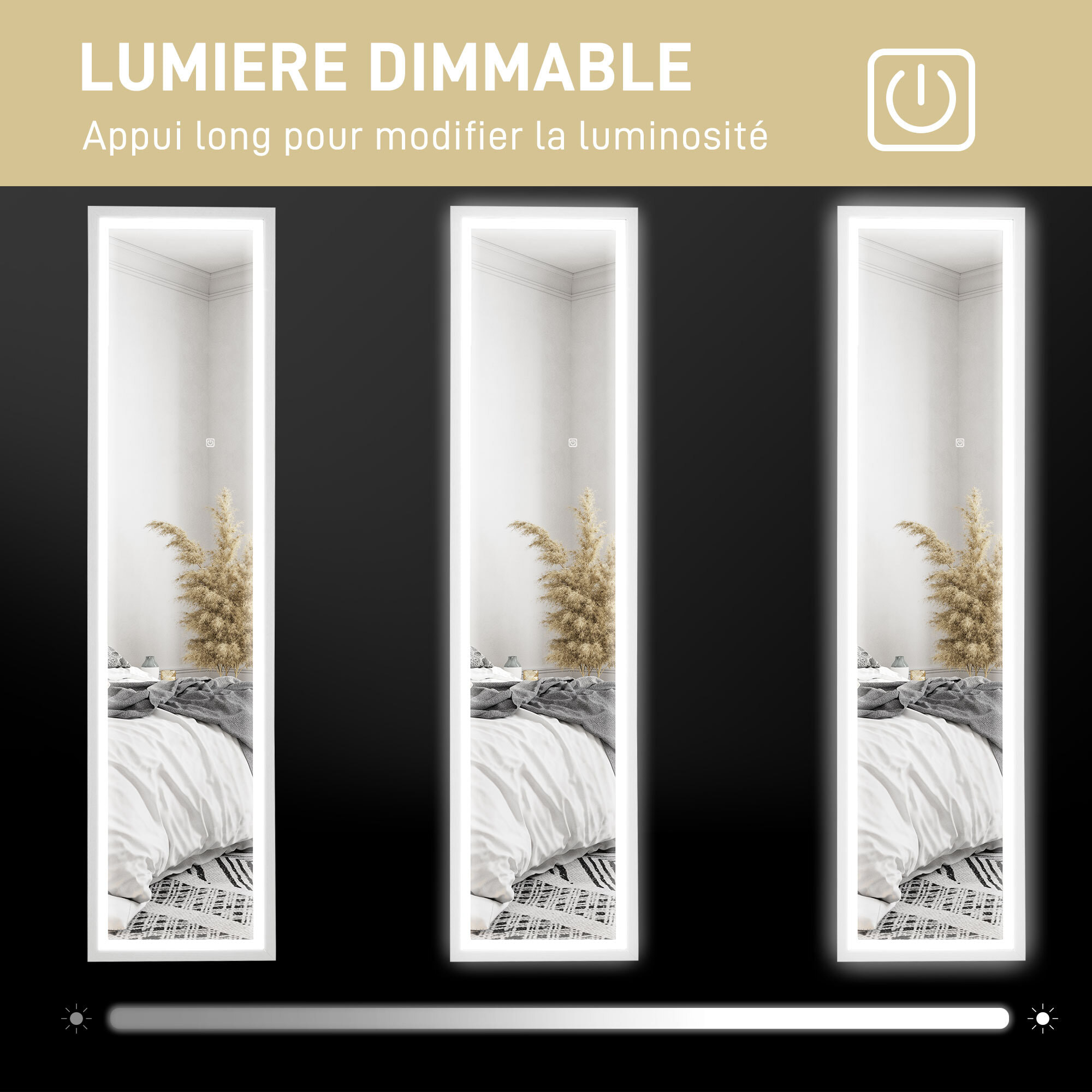 Grand miroir LED pleine longueur 40 x 160 cm autoportant ou à fixer - 3 couleurs luminosité réglable - effet bois blanc