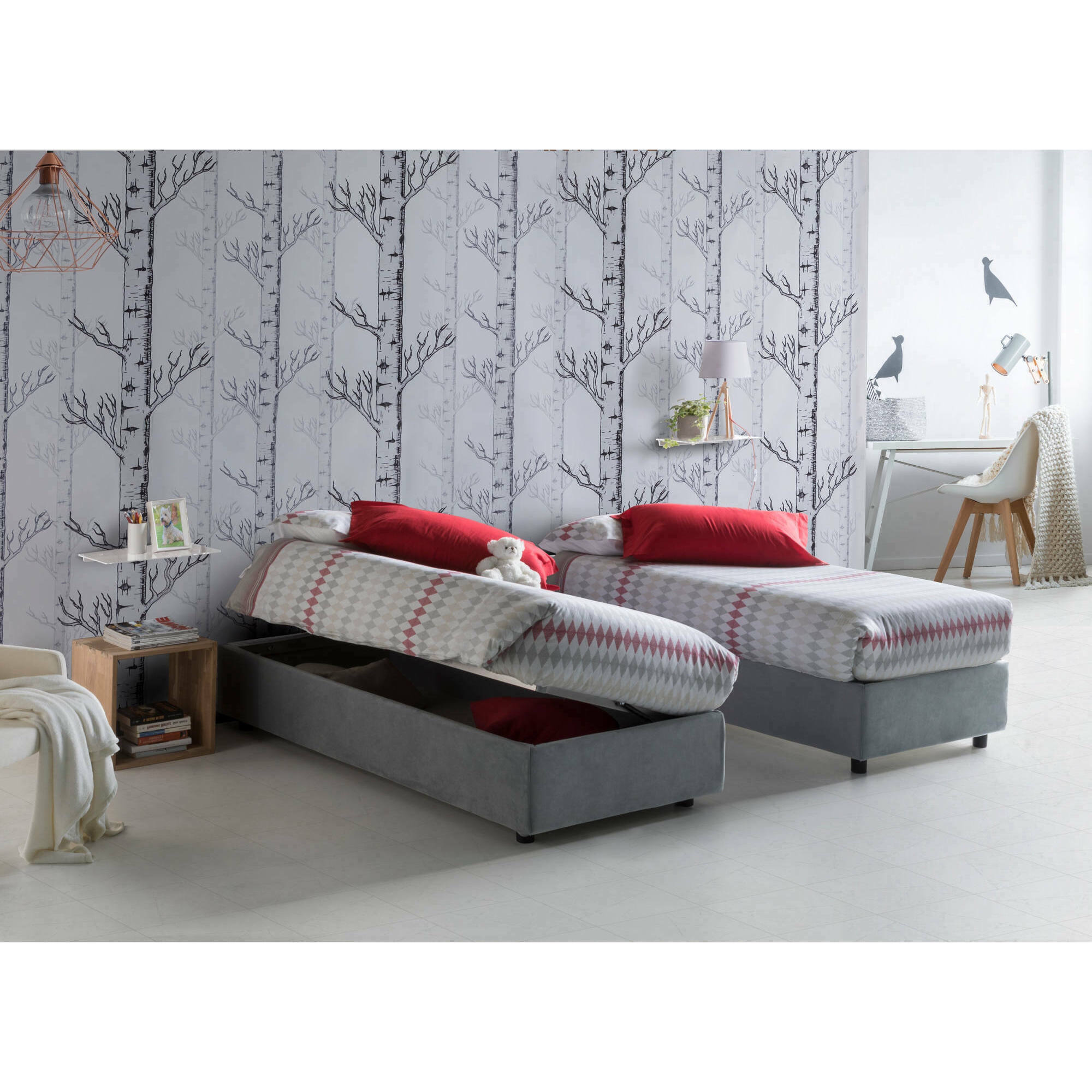 Letto singolo Diana, Letto contenitore con rivestimento in tessuto, 100% Made in Italy, Apertura laterale, con materasso Cm 80x190 incluso, Grigio