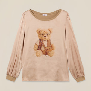 Oltre - Camiseta bimaterial con estampado y aplicaciones - Beige