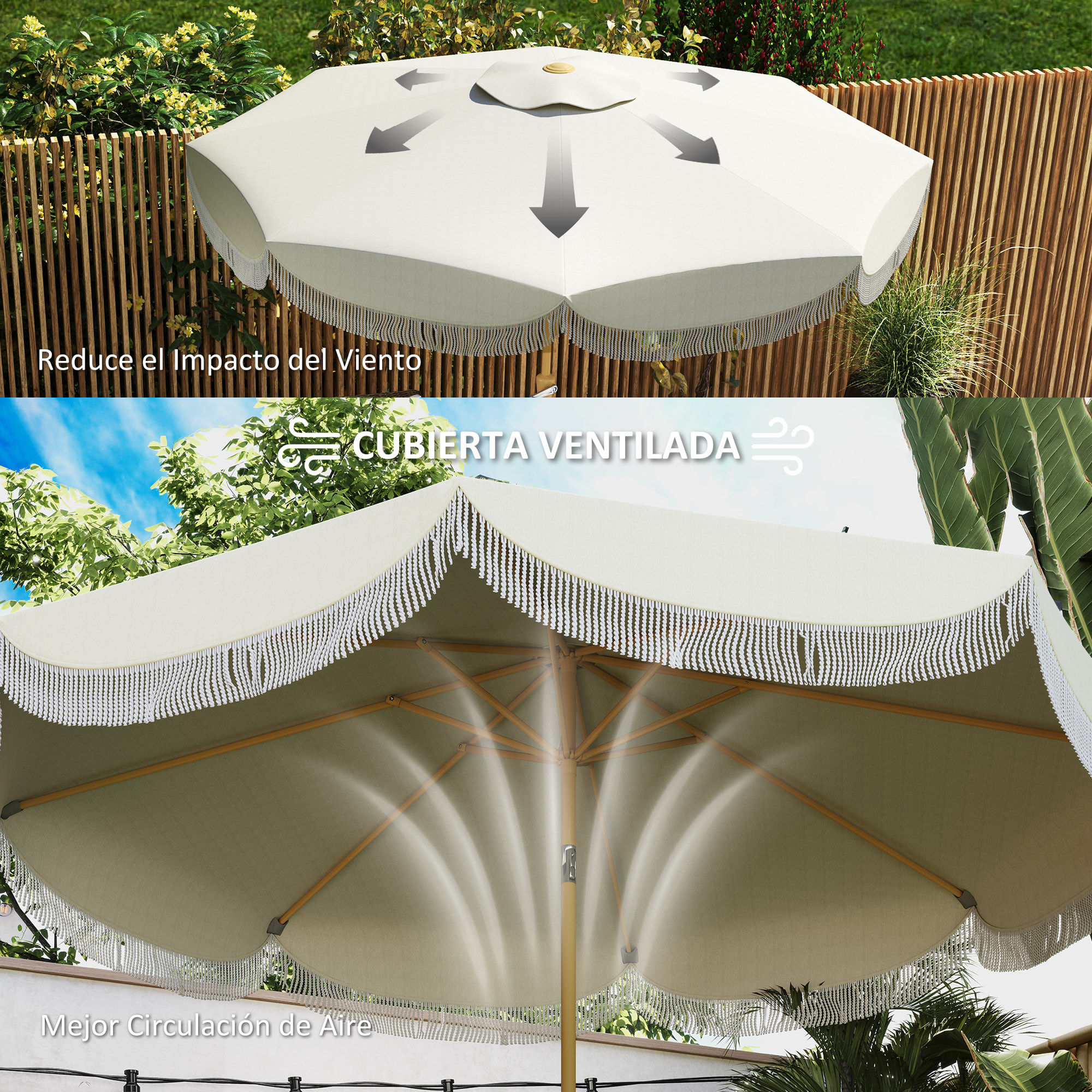 Sombrilla Terraza Exterior Ø269 cm Sombrilla de Jardín con Ángulo Ajustable y Manivela Protección UV30+ Parasol para Patio Terraza Beige