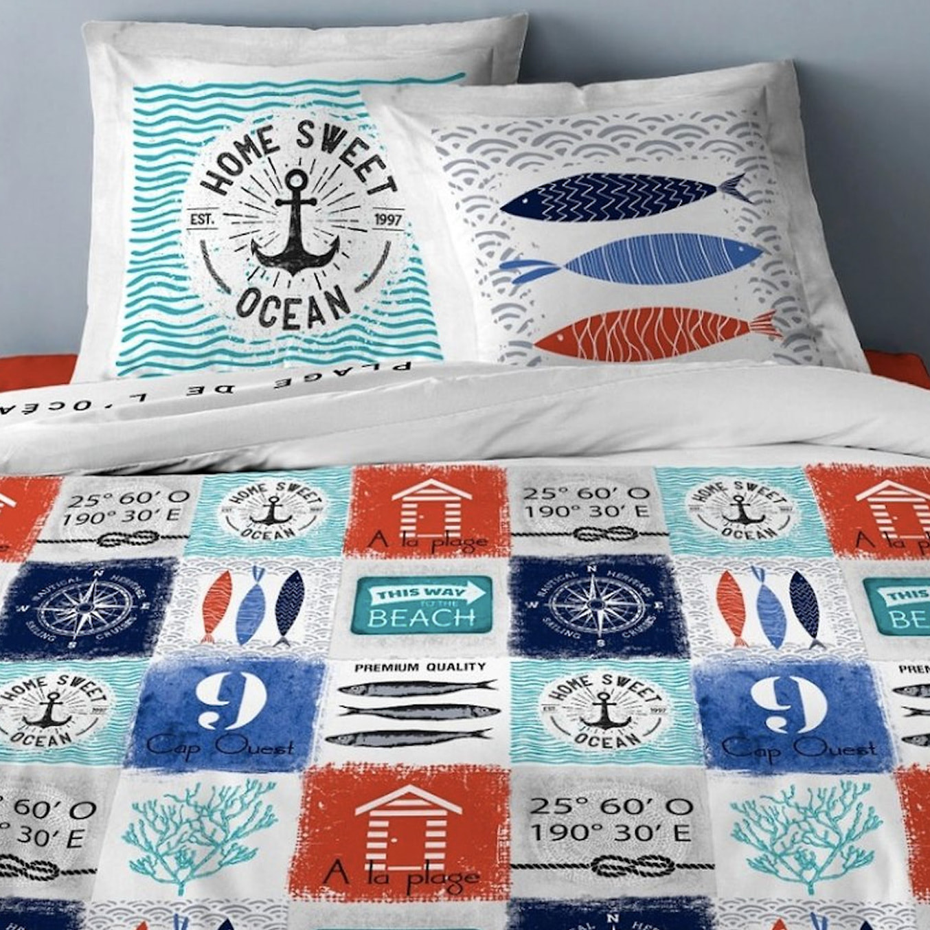 Parure Housse De Couette 3pcs Coton 57fils Ocean Bleu