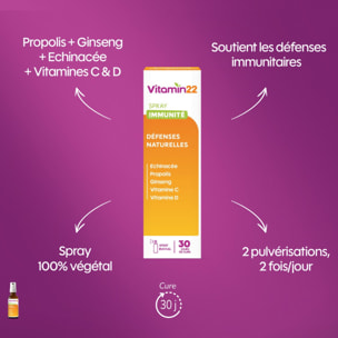 VITAMIN'22 - Spray Immunité - Complément alimentaire à base de Propolis, Ginseng, Échinacée, Vitamines C & D - Soutien de l'immunité - Cure 30 jours