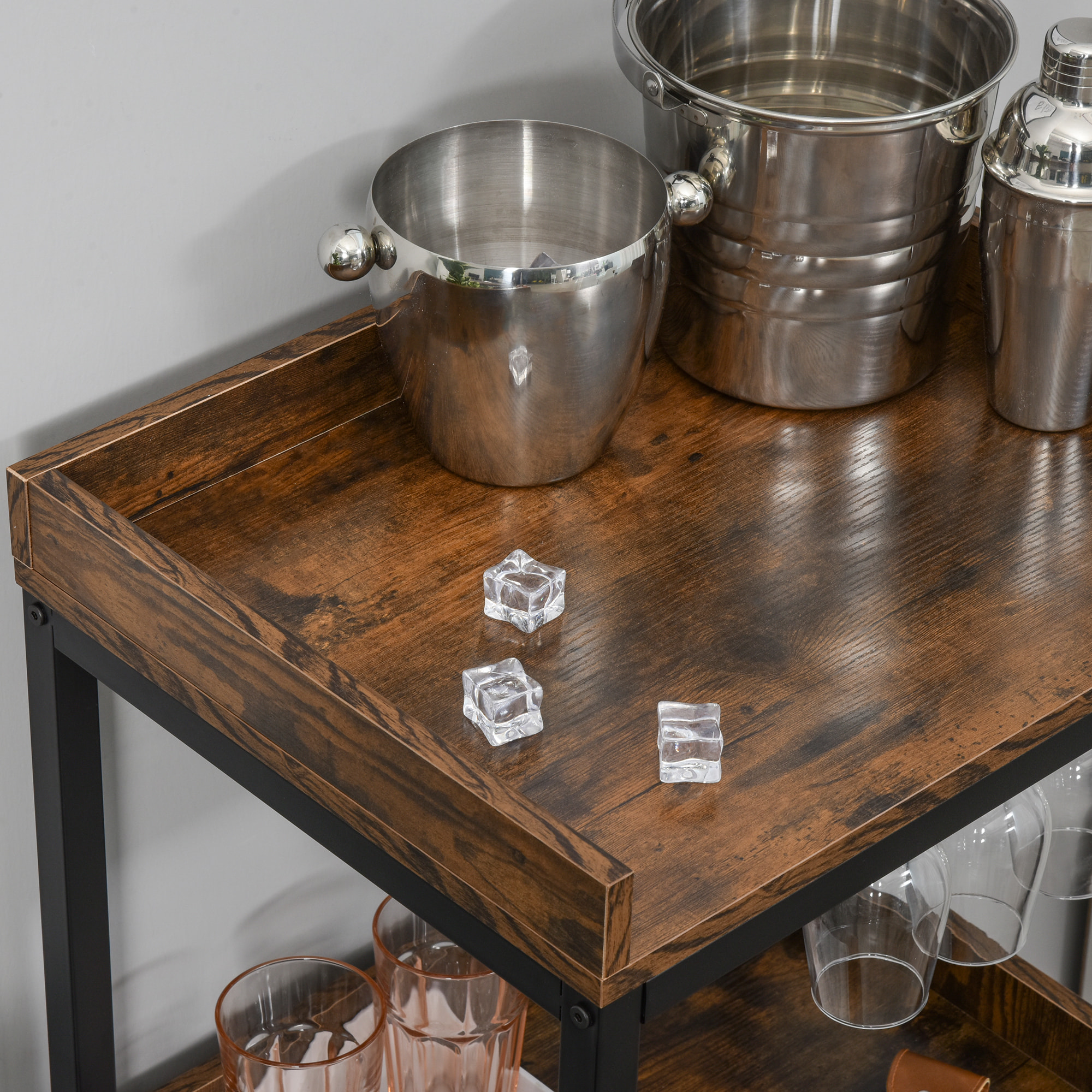 Casier à vin design industriel étagère à bouteilles 9 bouteilles support verres à vin intégré métal noir aspect vieux bois veinage