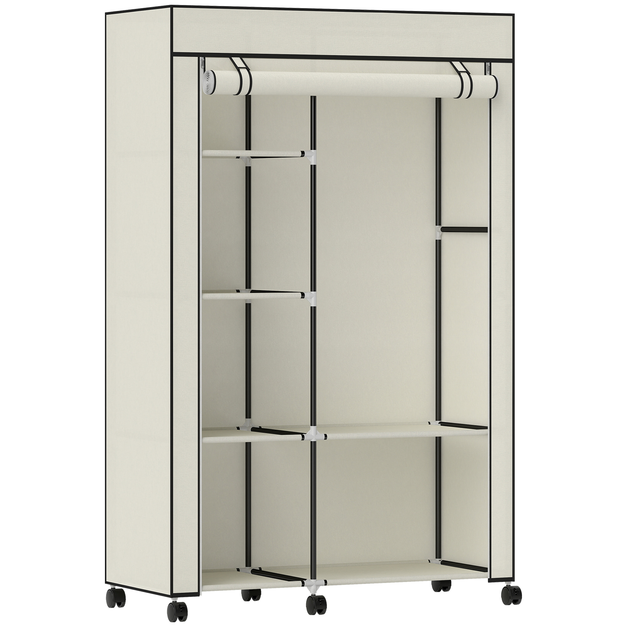 Armoire penderie multi-rangement - 6 étagères, 1 barre - dim. 103L x 43l x 162,5H cm - acier noir non tissé crème