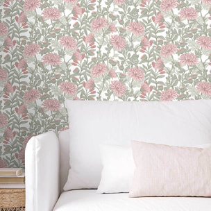 Papier peint chrysanthèmes rose poudré