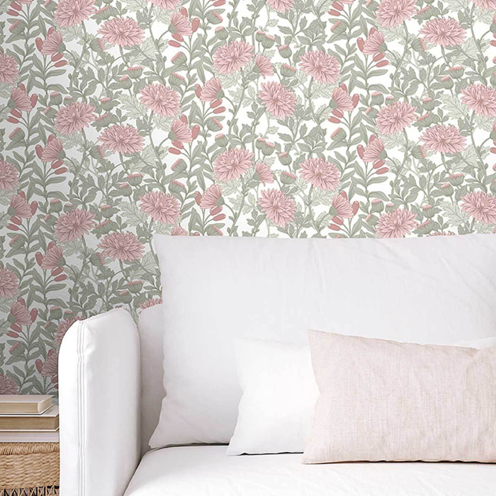 Papier peint chrysanthèmes rose poudré