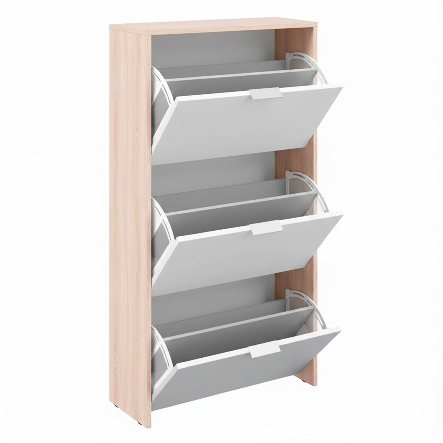 Mobile Portascarpe Salvaspazio Con 3 Ante A Ribalta Capacità Fino A 18 Paia Scarpiera Design Moderno 113 x 60 x 22 Cm Rovere E Bianco Lucido
