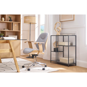 Chaise de bureau à roulettes design en tissu effet velours texturé beige, bois foncé et acier chromé YORKE