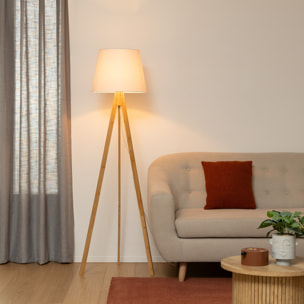 Lampadaire trépied "Bahi" - bambou et blanc H160 cm