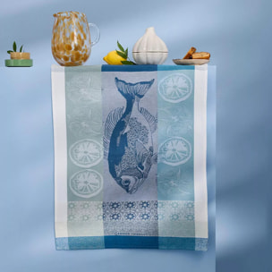 Torchon pur coton motif jacquard blanc bleu Plancha outremer