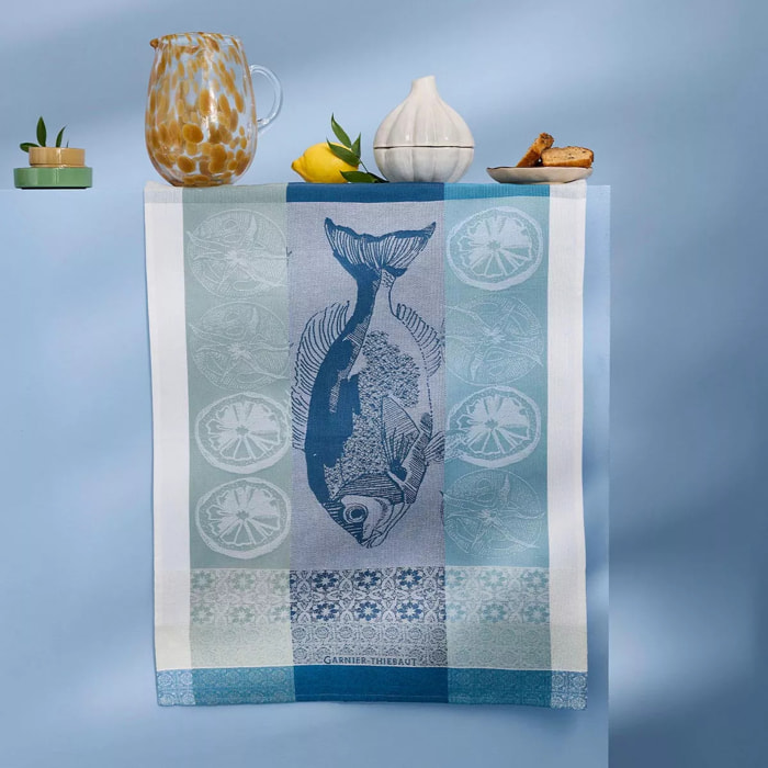 Torchon pur coton motif jacquard blanc bleu Plancha outremer