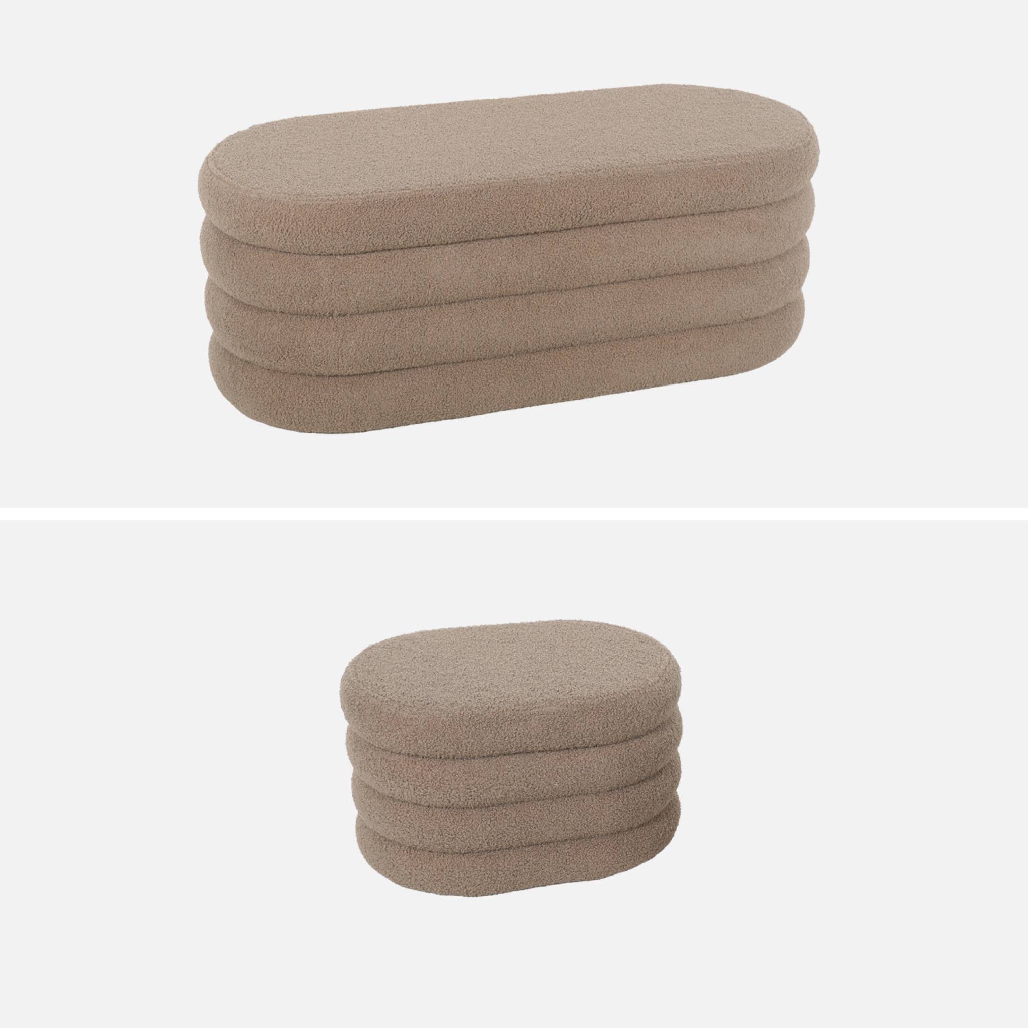 Banc coffre en bouclettes taupe avec 2 poufs ovales de rangement intégrés - L111cm