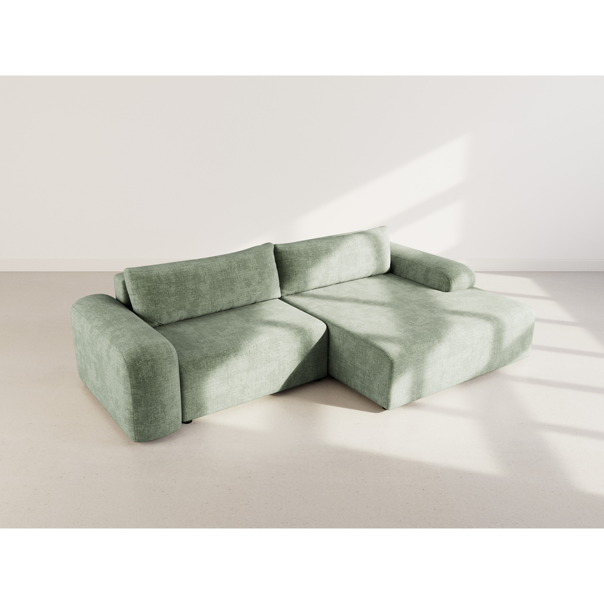 Rebecca - canapé d'angle droit 4 places convertible avec coffre en velours texturé - Vert sauge