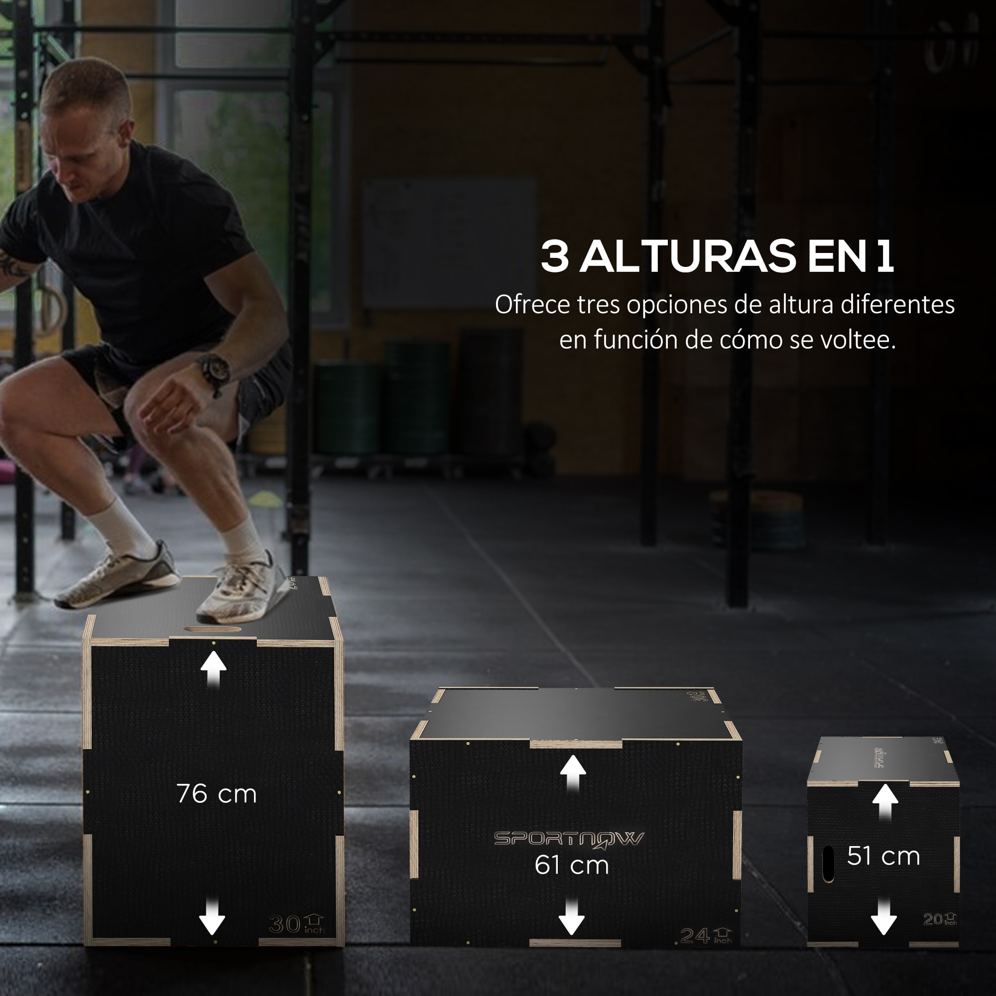 Cajón Pliométrico Caja Pliométrica con 3 Alturas Diferentes Entrenamiento de Fuerza en Casa Oficina Gimnasia CrossFit Carga 120 kg 76x61x51 cm Negro