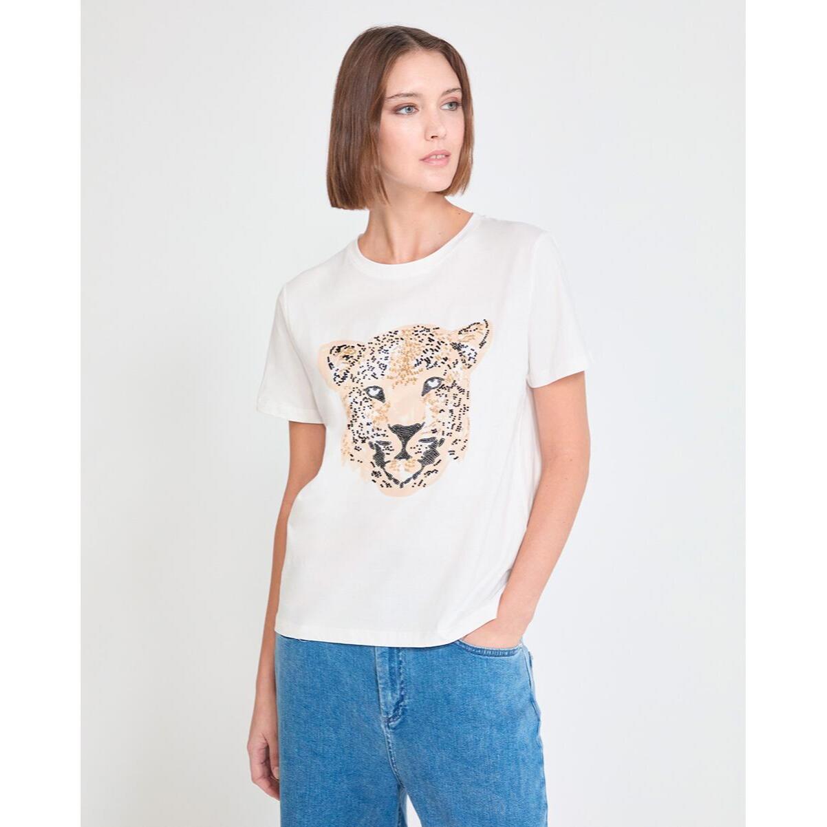 Maglietta con perline e motivo leopardato