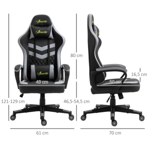 Silla Gaming Basculante Silla Gamer Altura Regulable con Reposacabezas y Cojín Lumbar para Oficina Dormitorio Carga 120 kg 61x70x121-129 cm Negro y Gris