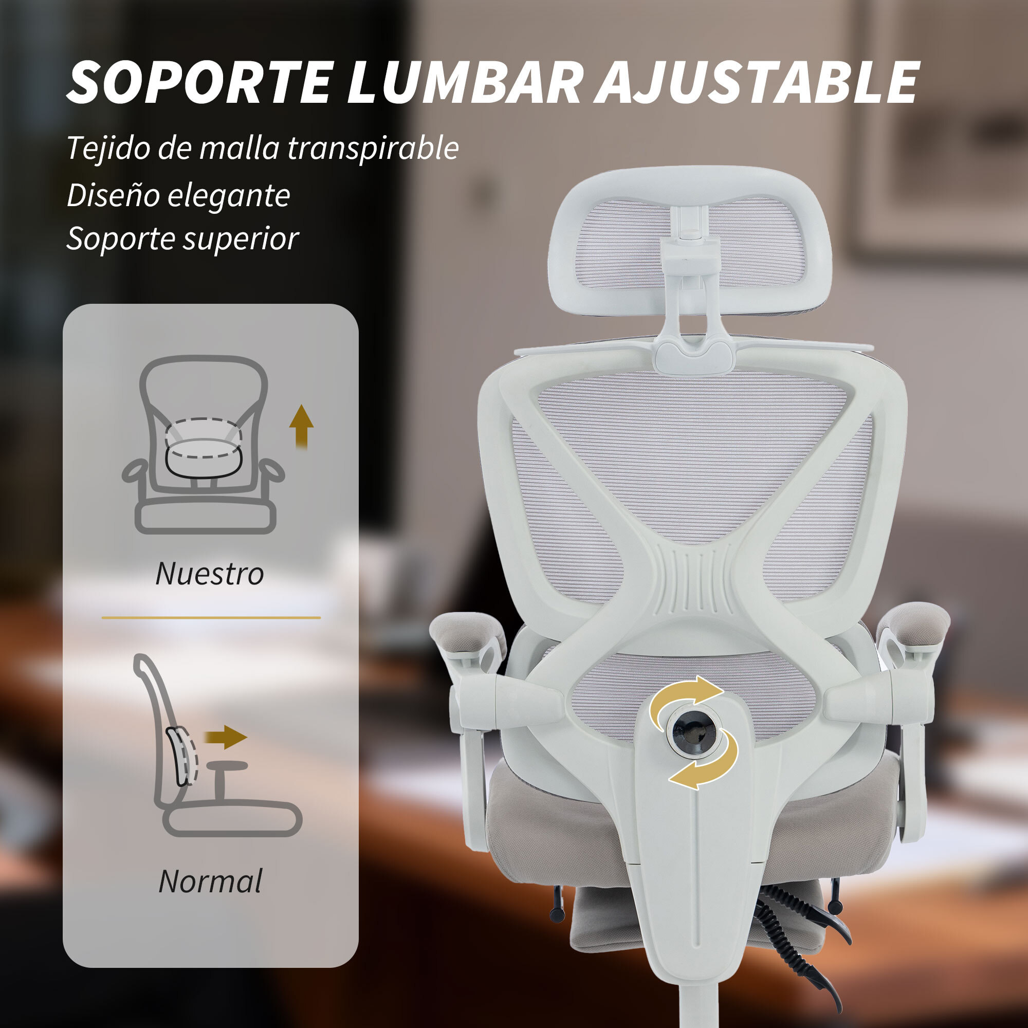 Silla de Escritorio de Malla Silla de Oficina Reclinable con Reposacabezas Soporte Lumbar Reposapiés y Altura Regulable Función de Basculante Carga 120 kg Gris Claro