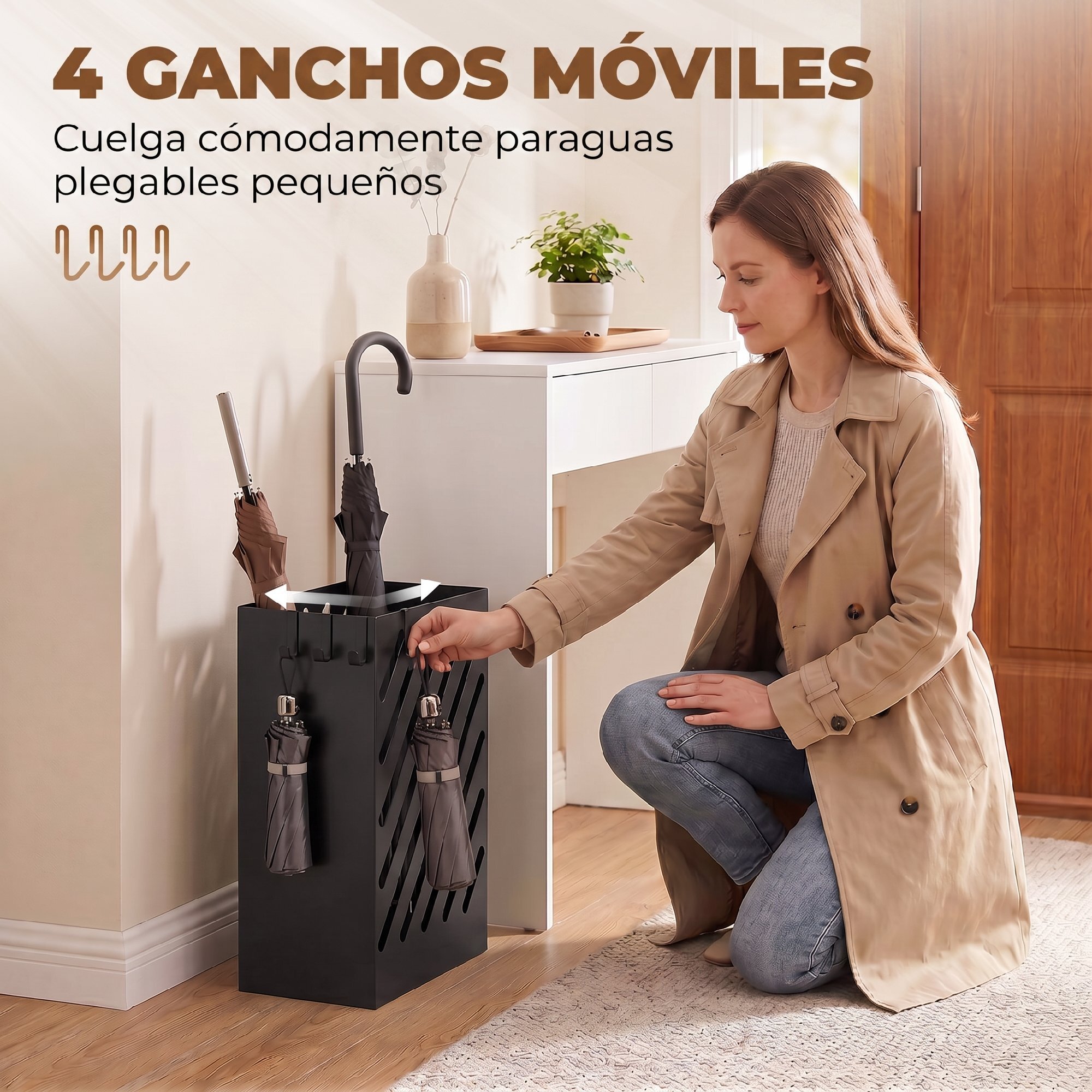 Paragüero de Acero Galvanizado, Soporte de Paraguas Estrecho con Bandeja de Goteo Extraíble, 4 Ganchos, Diseño de Cortes, para Entrada, Pasillo, Oficina, 28x14x41 cm, Negro