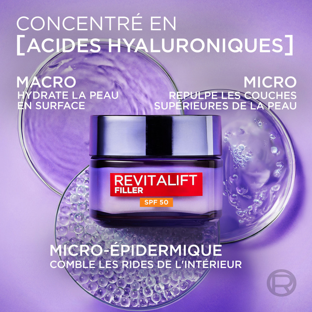 L’Oréal Paris, Revitalift Filler, crème de jour anti-âge repulpante SPF 50, complexe triple acide hyaluronique, texture légère n