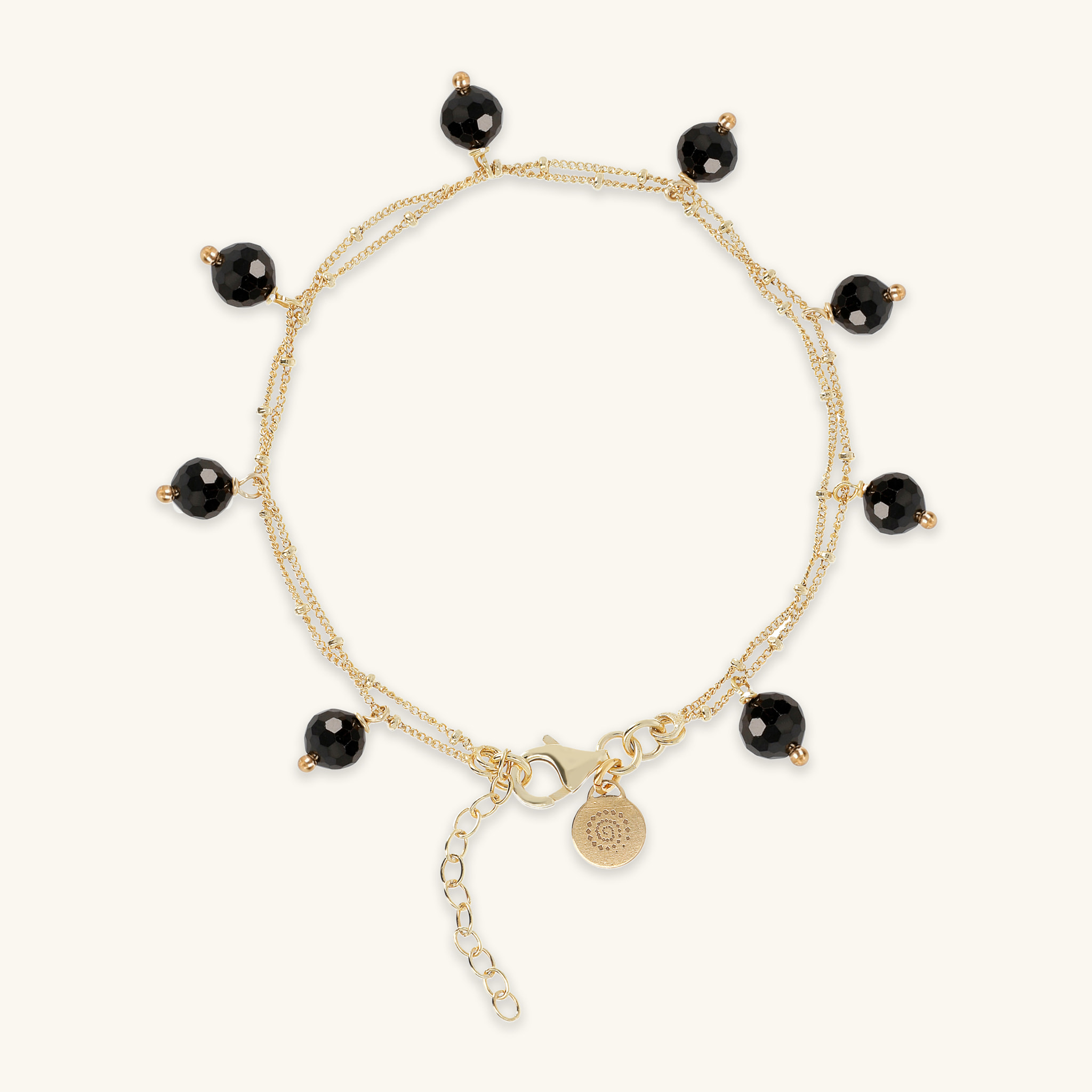 Bracciale Multifilo in Argento 925 Placcato Oro Giallo 18kt con Ciondoli in Pietra Naturale Spinello Nero