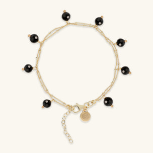 Bracciale Multifilo in Argento 925 Placcato Oro Giallo 18kt con Ciondoli in Pietra Naturale Spinello Nero