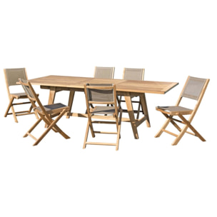FUN - SALON DE JARDIN EN BOIS TECK 8/10 pers. - 1 Table extensible 180*240/100 cm et 6 chaises textilène taupe